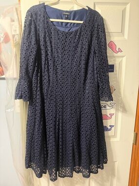 Roz & Ali Navy Crochet Fit-and-Flare Long Sleeve Dress